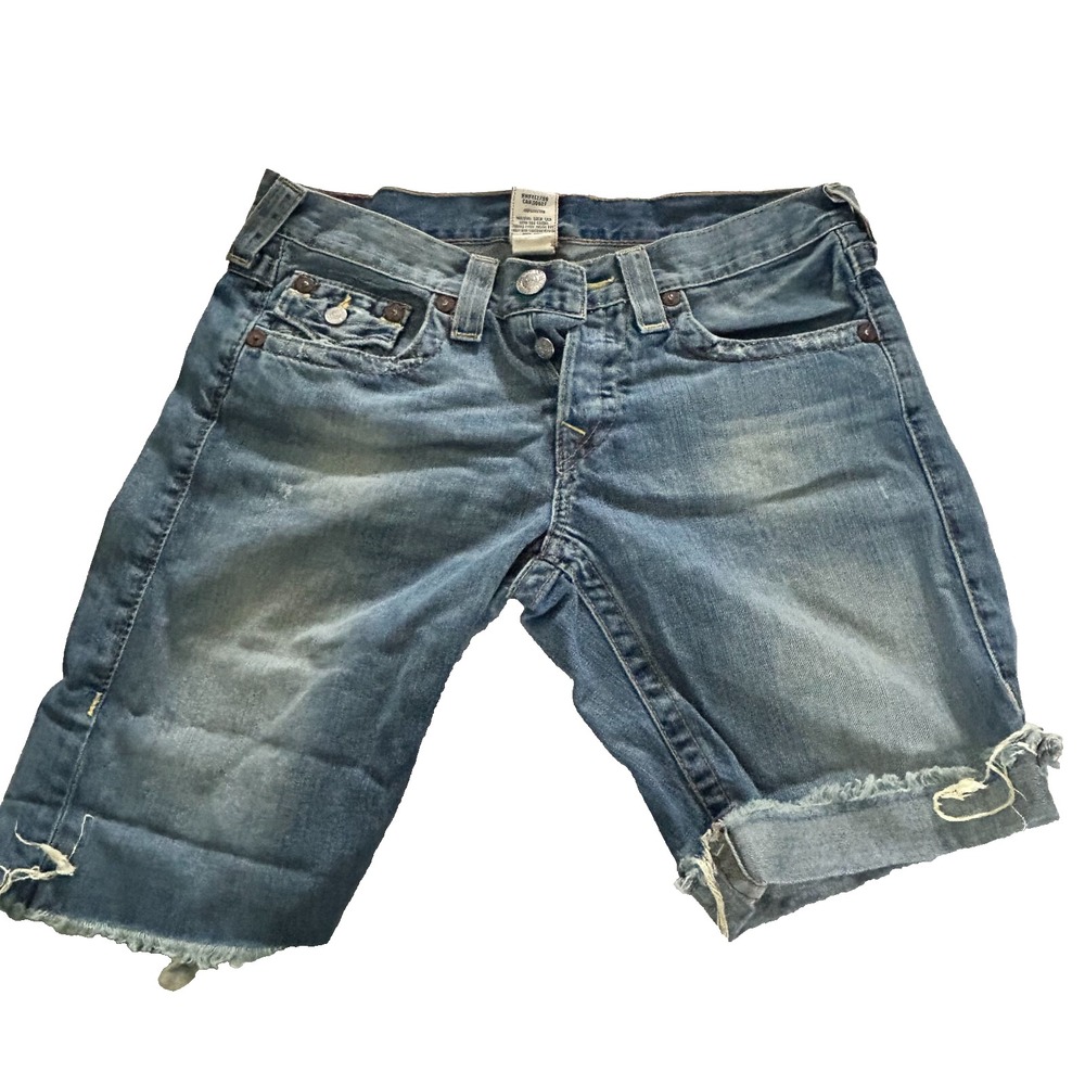 True Religion Riley Bermuda Short Cut Womens 28 Blue Denim Button Fly Jean Wash
